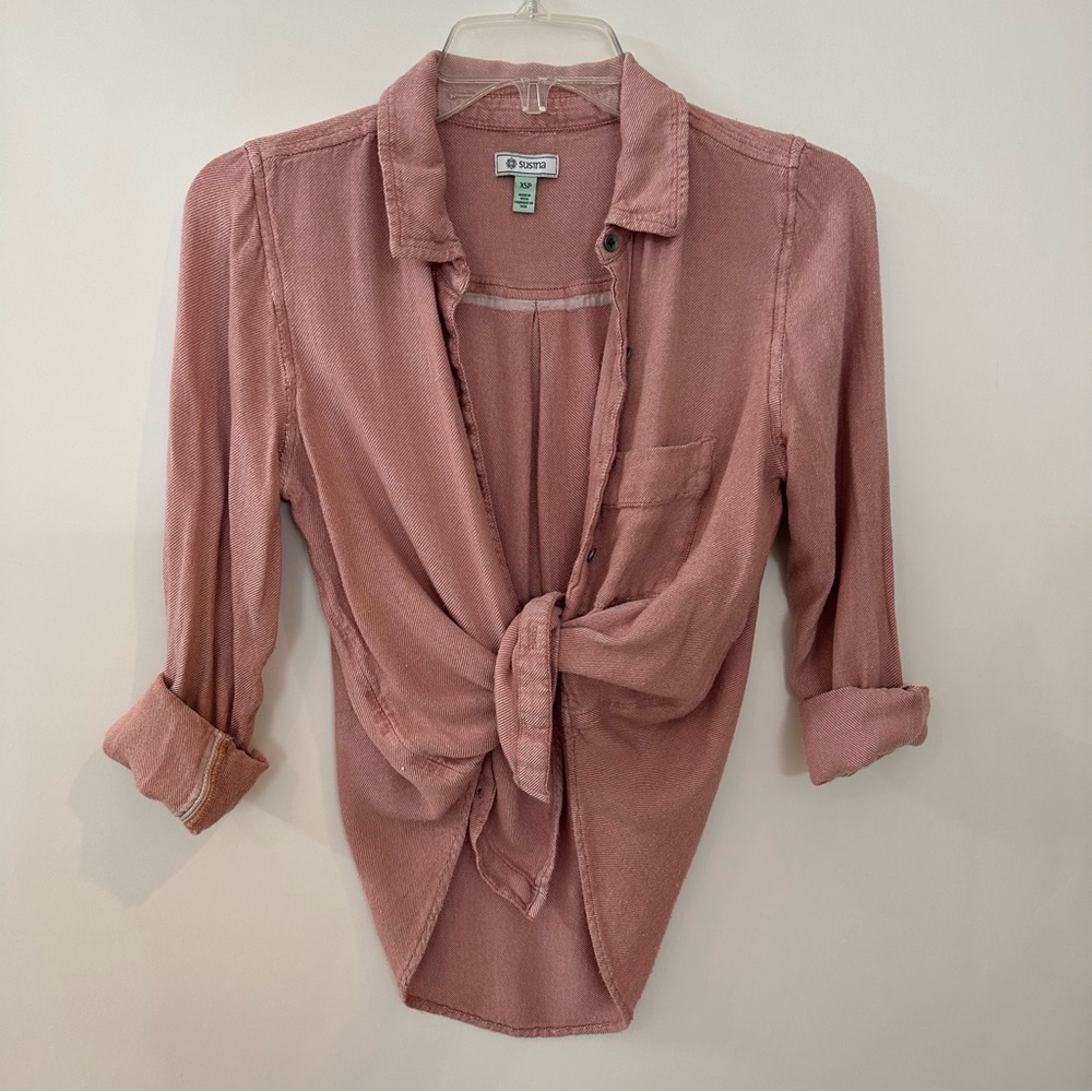 Susina Dusty Rose Button-Down Tie Front Shirt